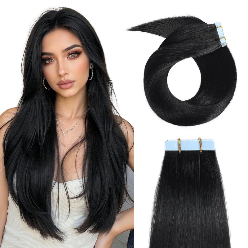 YILITE Tape in Human Hair Extensions 22 inches 20pcs 50g Silky Straight Human Hair Extensions Tape in Jet Black Color Hair Extensions - Image 1